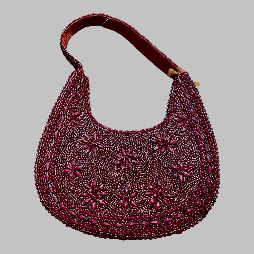 From You to India Hand Beaded Flower Purse, Solid Burgundy, Floral Design. - Picture 2 of 7